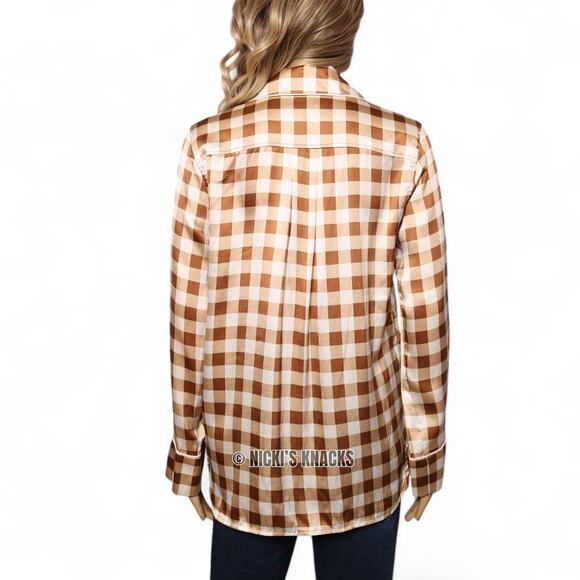 Ganni Brown & Cream Silk Check Shirt Button Down Plaid Oversized Size 32 XXS - Picture 5 of 12